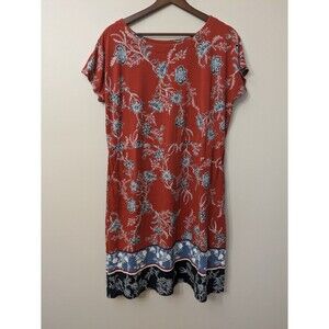 J Jill Wearever Short Sleeve T-Shirt Dress Floral Red Blue Pockets A-Line Large